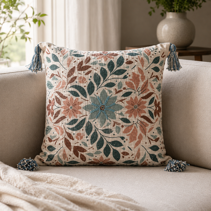 Decorative floral pillow with tassels on a beige sofa