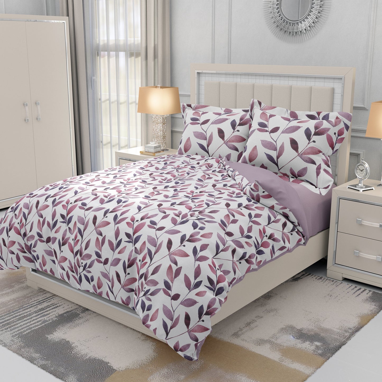 Watercolour Leaf Stem Mauve Quilt Cover Set - Serene Elegance for Your Sleep Haven - Adore India   