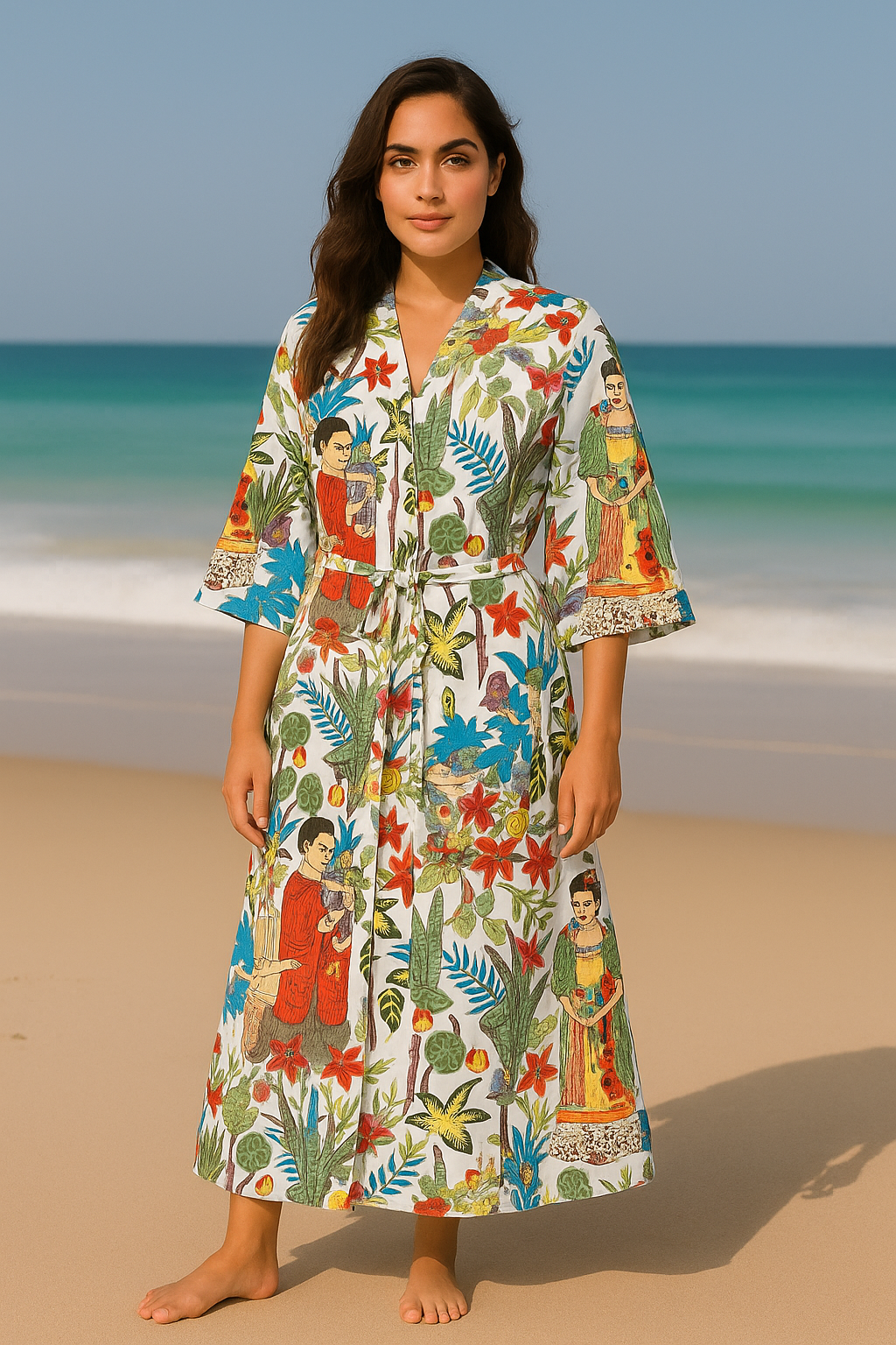 Cotton Printed White Kahlo Kimono Kaftan Bathrobe