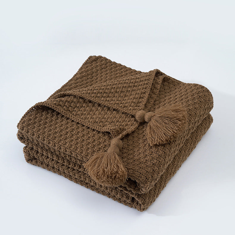 Brown Nordic Solid Colour Tassel Knitted Blanket Throw - Adore India   