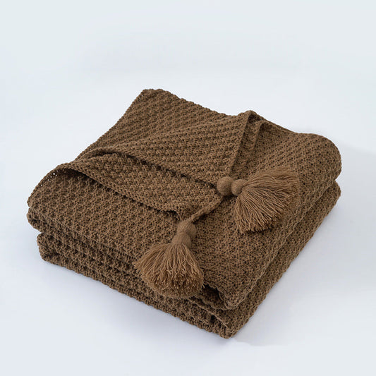 Brown Nordic Solid Colour Tassel Knitted Blanket Throw - Adore India   