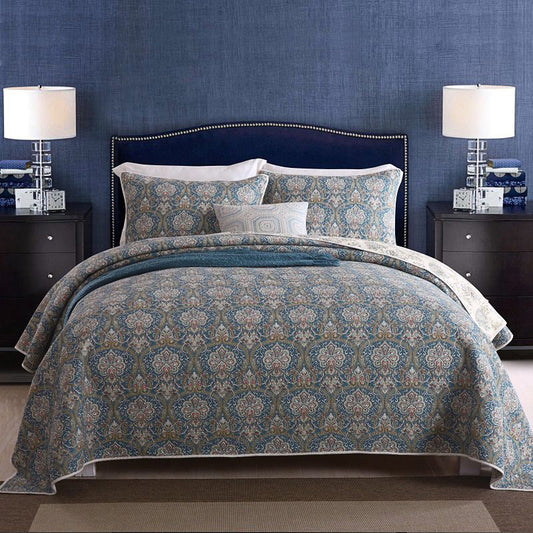 Bohemian Royal Blue Cotton 3 Piece Bedspread Embroidery Bedding Set - Adore India   