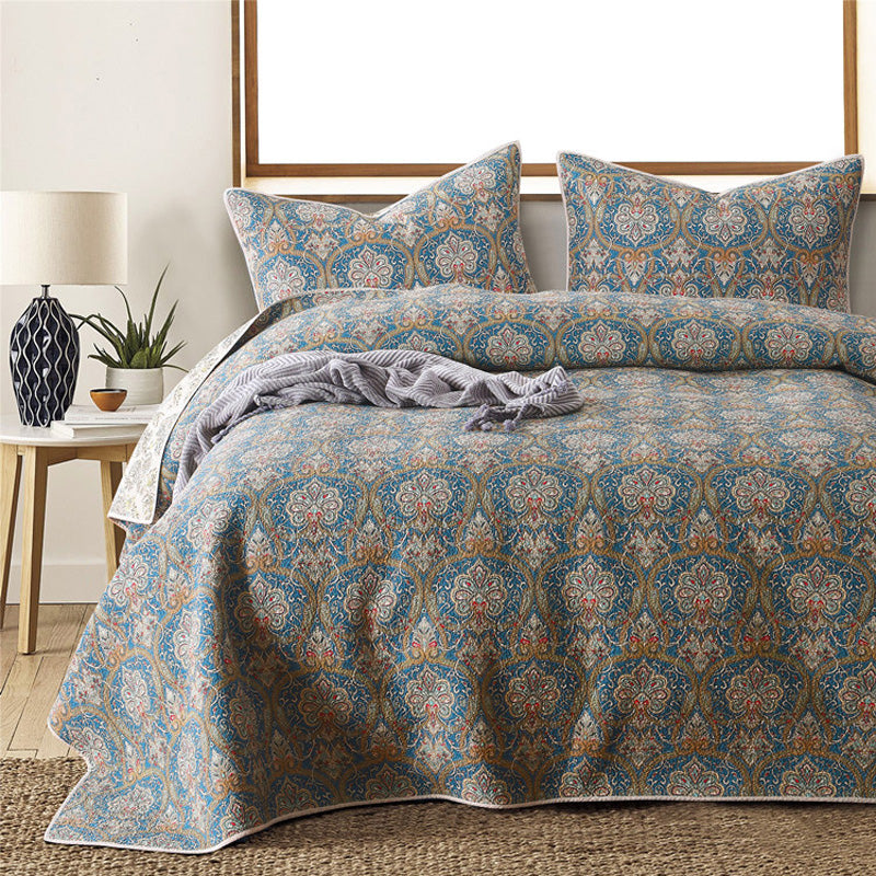 Bohemian Royal Blue Cotton 3 Piece Bedspread Embroidery Bedding Set - Adore India   