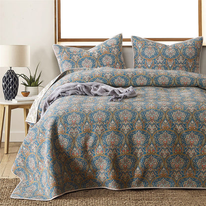 Bohemian Royal Blue Cotton 3 Piece Bedspread Embroidery Bedding Set - Adore India   