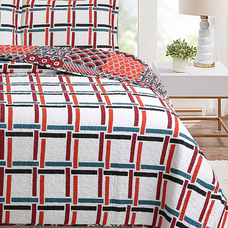 Red Multi Geometrical Cotton 3 Piece Bedspread Bedding Set - Adore India   