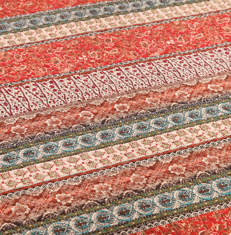 Red Multi Horizontal Geometrical Cotton 3 Piece Bedspread Bedding Set - Adore India   