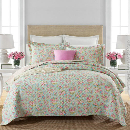 Teal Pink Floral Cotton 3 Piece Bedspread Bedding Set Light Weight Quilt - Adore India   