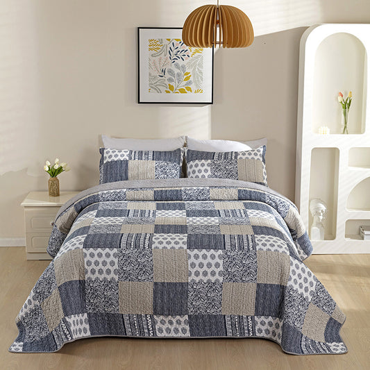 Grey Patchwork Printed Cotton 3 Piece Bedspread Bedding Set - Adore India   