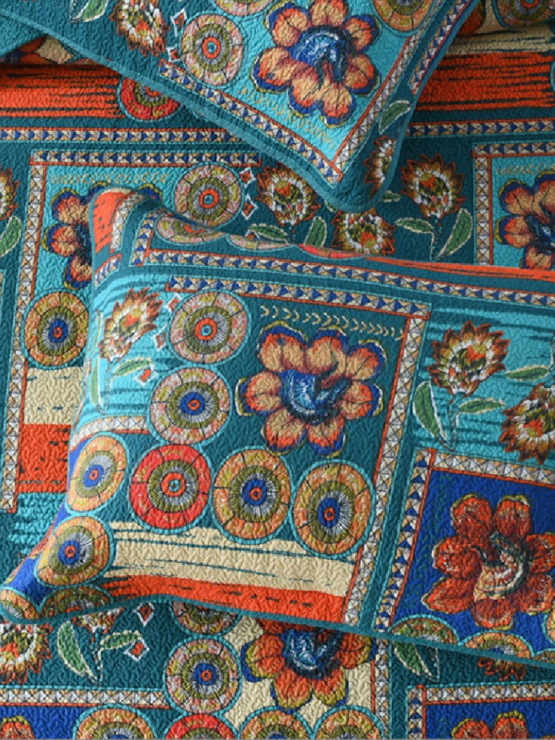 Vibrant Bohemian Floral Cotton 3 Piece Bedspread Embroidery Bedding Set - Adore India   