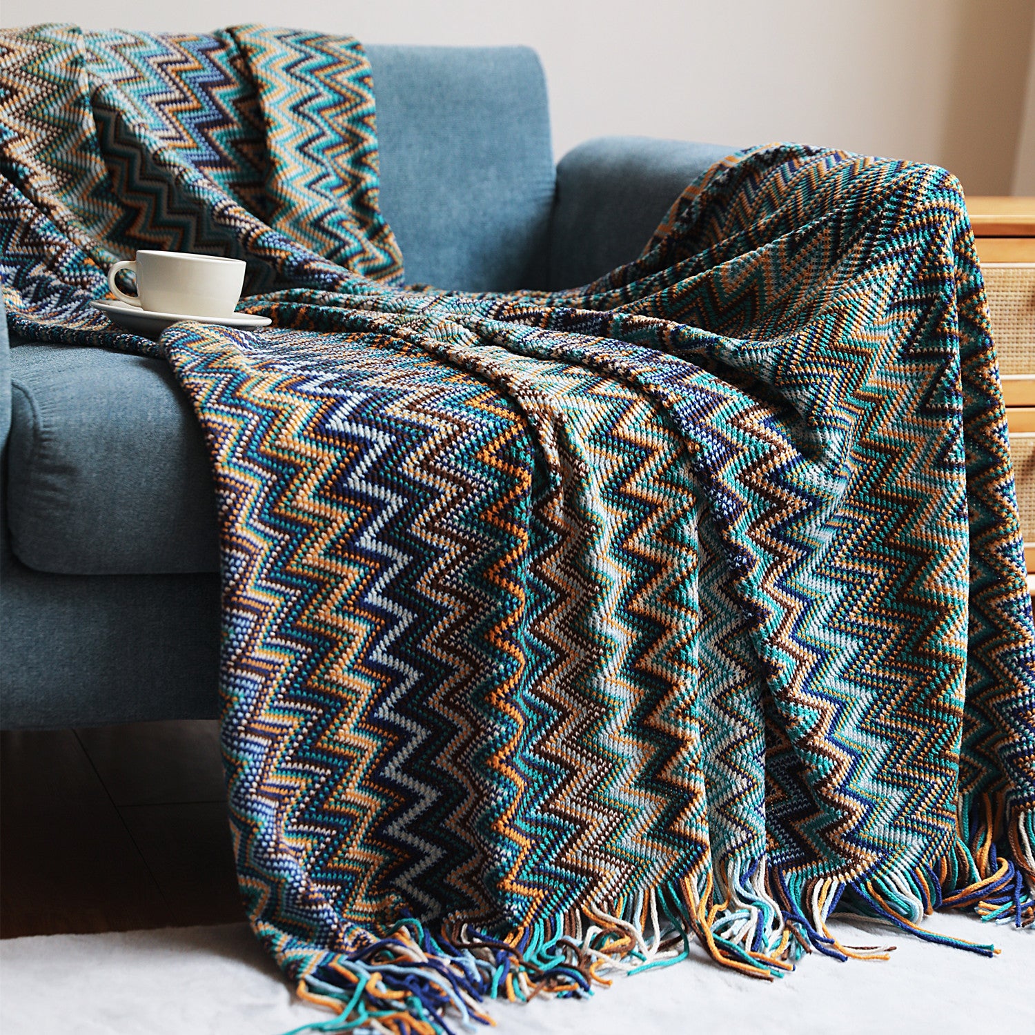 Bohemian Geometrical Zigzag Knitted Blanket Throw - Adore India   
