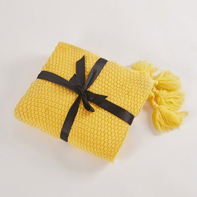 Mustard Yellow Nordic Solid Colour Tassel Knitted Blanket Throw - Adore India   
