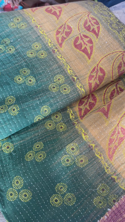 Handmade Indian Vintage Cotton Reversible Kantha Quilt Bedspread Throw- Anju