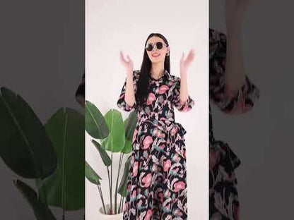 Midnight Love Short Sleeve Cotton Dress – Floral Elegance in Black