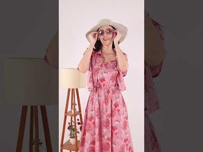 Vintage Rose Pink Floral Printed Long Cotton Dress Set