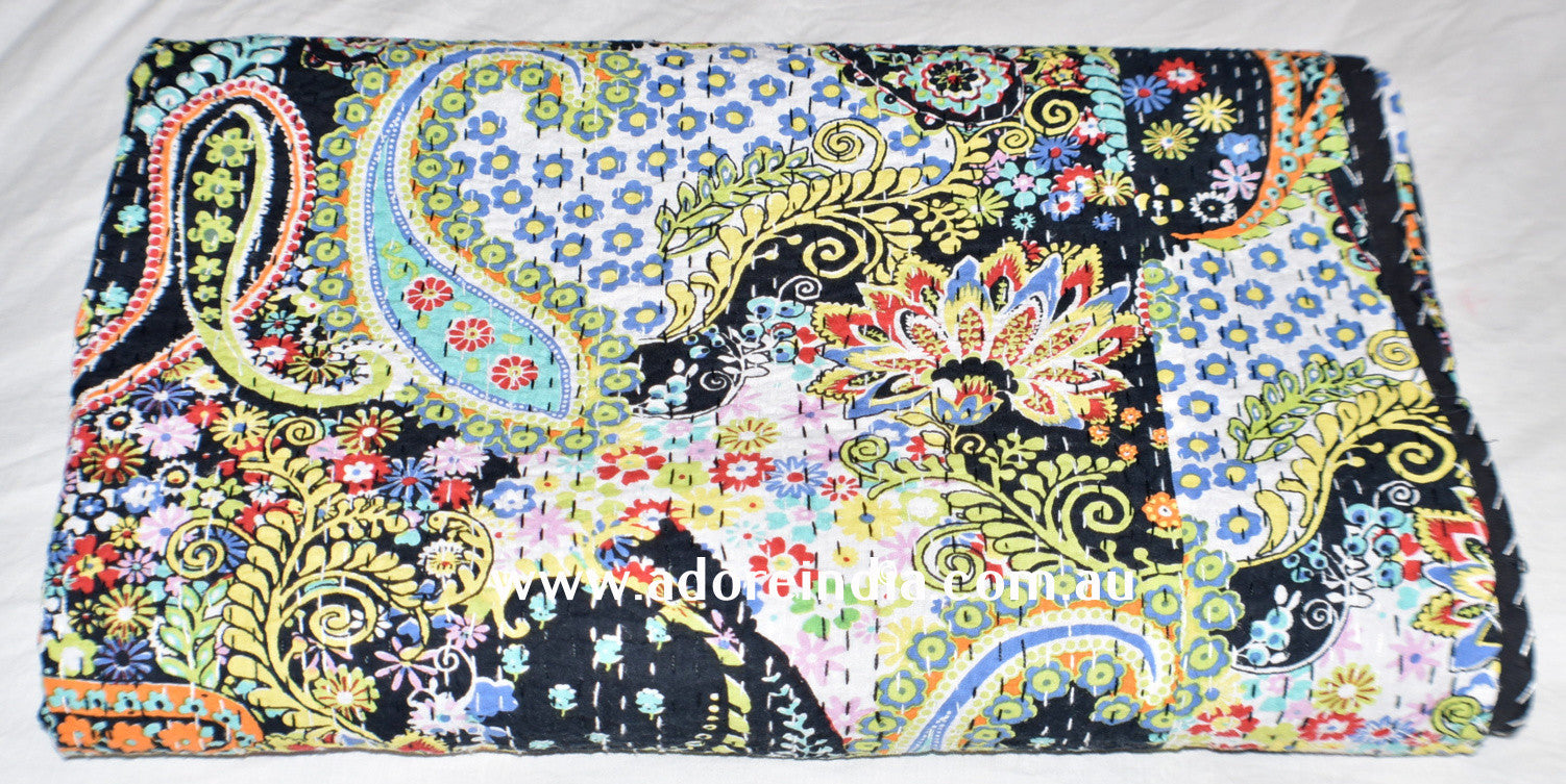 Handmade Black Paisley Print Cotton Reversible Kantha Quilt Bedspread Throw - Adore India   