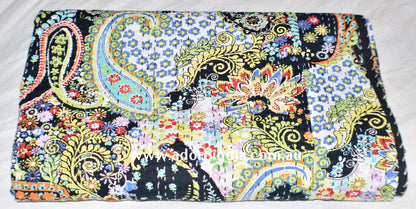 Handmade Black Paisley Print Cotton Reversible Kantha Quilt Bedspread Throw - Adore India   