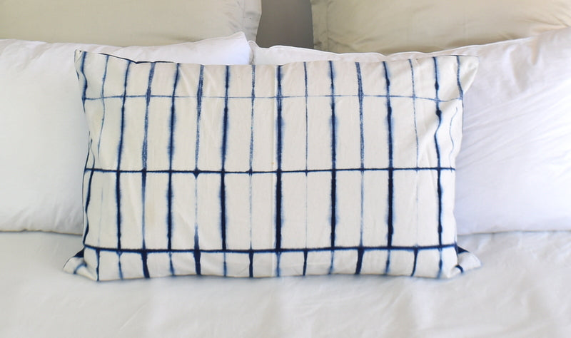 Hand Made Indigo Tie and Dye Stripe White Pillow Cover - Adore India   