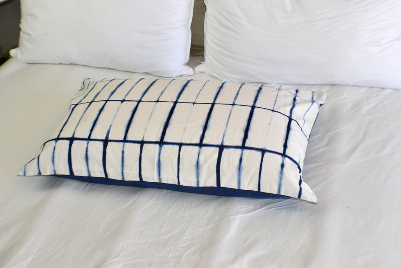 Hand Made Indigo Tie and Dye Stripe White Pillow Cover - Adore India   
