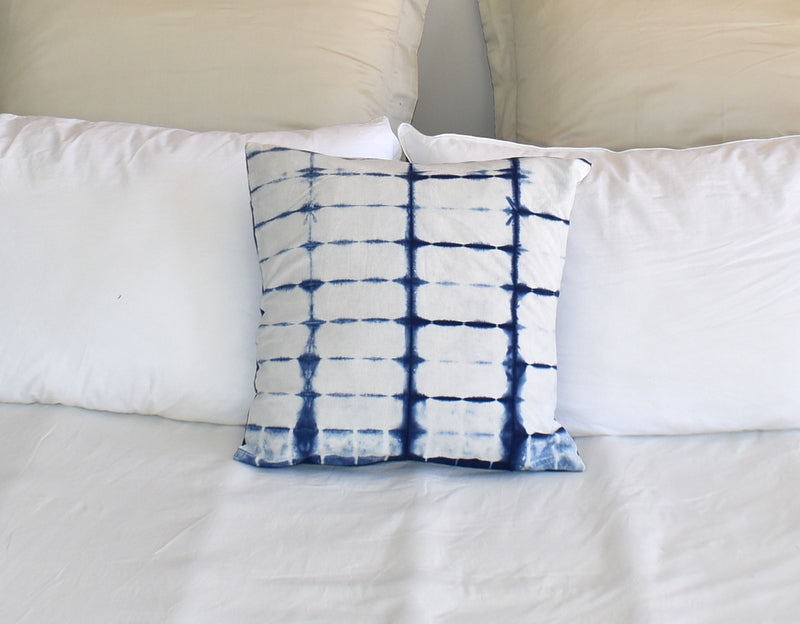 Hand Made Indigo Tie and Dye Stripe White Cushion Cover 40cms - Adore India   