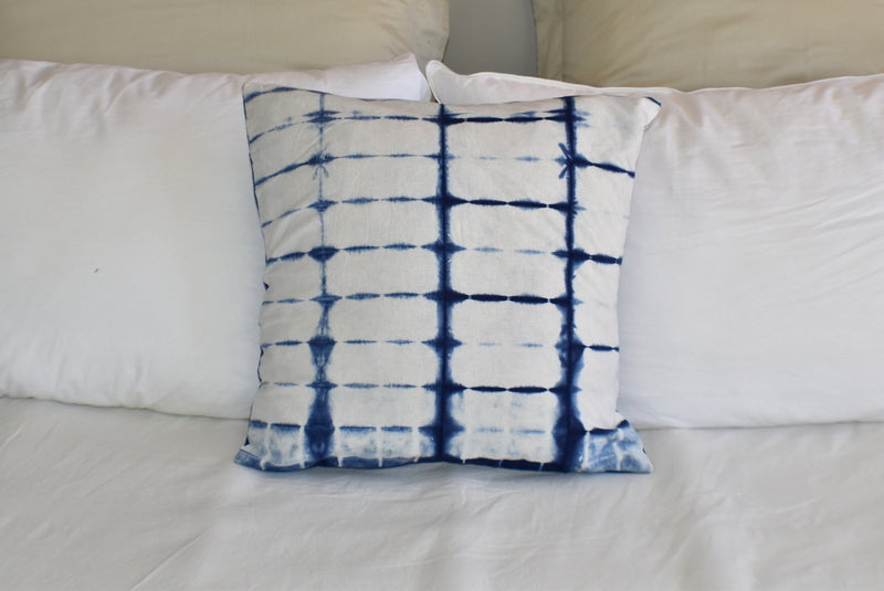 Hand Made Indigo Tie and Dye Stripe White Cushion Cover 40cms - Adore India   