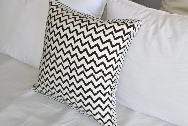 Canvas Hand Block Print Cushion Cover- Black - Adore India   