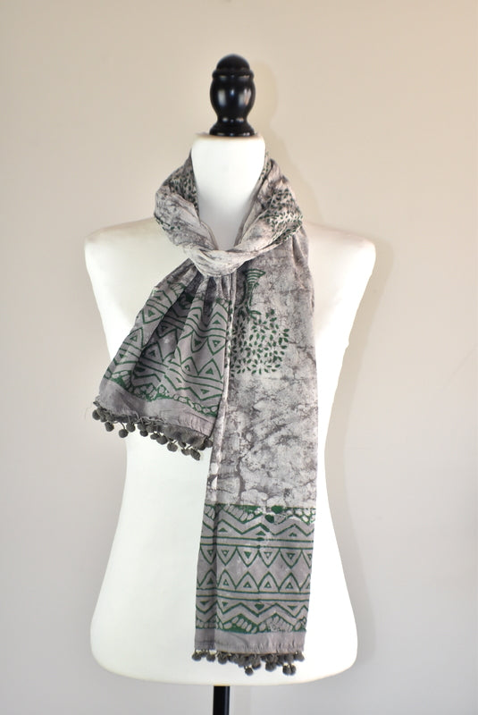 Hand Block Rustic Tree of Life Pomom Scarf - Adore India   