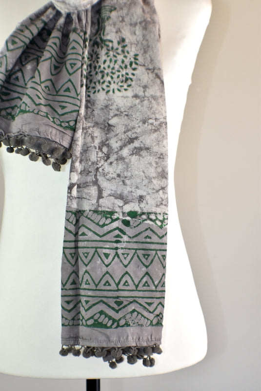 Hand Block Rustic Tree of Life Pomom Scarf - Adore India   