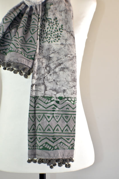 Hand Block Rustic Tree of Life Pomom Scarf - Adore India   