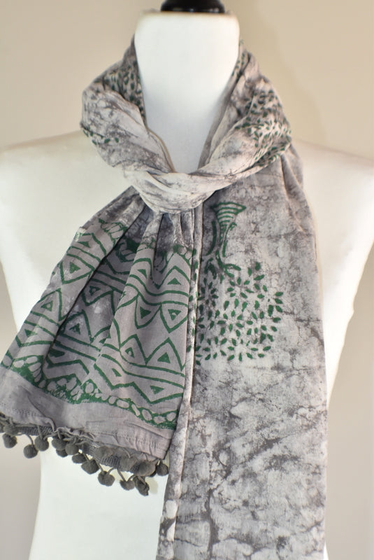 Hand Block Rustic Tree of Life Pomom Scarf - Adore India   