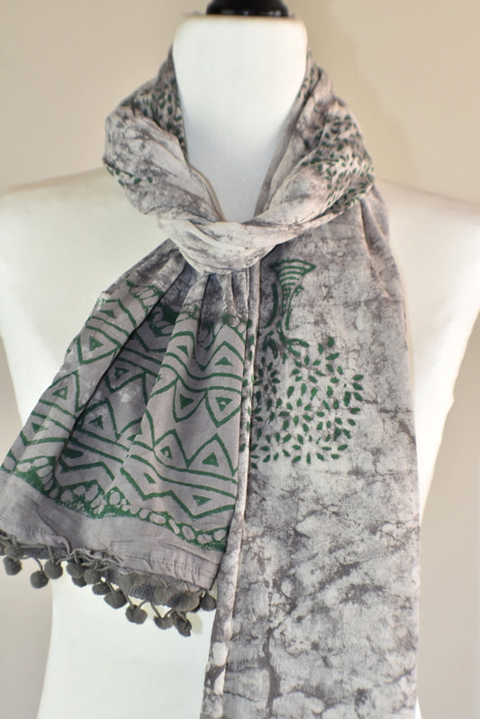 Hand Block Rustic Tree of Life Pomom Scarf - Adore India   
