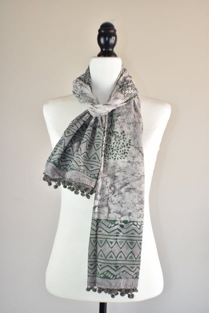 Hand Block Rustic Tree of Life Pomom Scarf - Adore India   