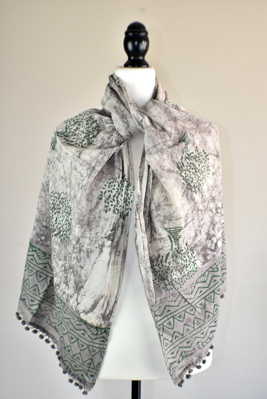 Hand Block Rustic Tree of Life Pomom Scarf - Adore India   