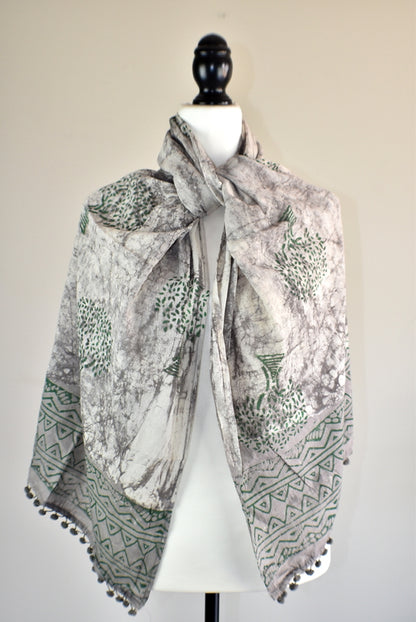 Hand Block Rustic Tree of Life Pomom Scarf - Adore India   