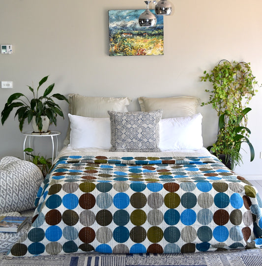 Handmade Blue Polka Dot Cotton Reversible Kantha Quilt Bedspread Throw - Adore India   