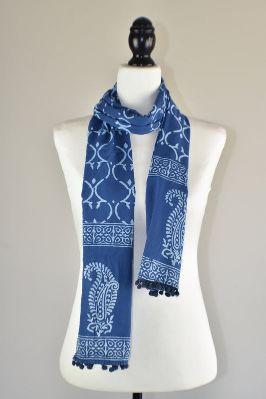 Indigo Blue Block Print Royal Paisley Cotton Pompom Scarf - Adore India   