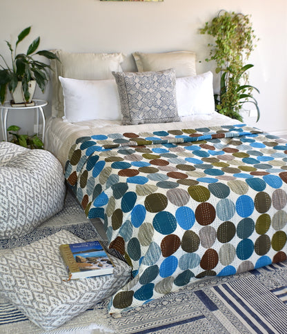 Handmade Blue Polka Dot Cotton Reversible Kantha Quilt Bedspread Throw - Adore India   
