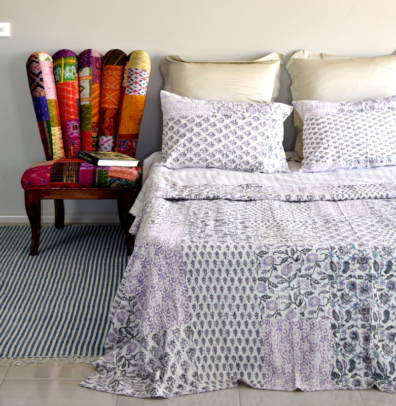 Indian Handmade Purple Hand Block Patchwork Reversible Kantha Quilt - Adore India   