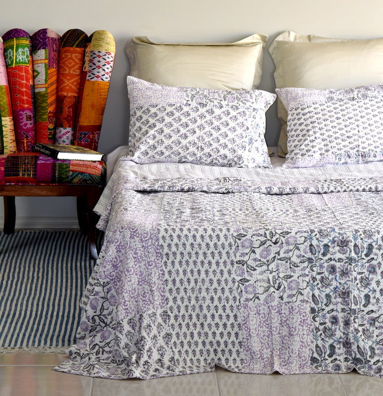 Indian Handmade Purple Hand Block Patchwork Reversible Kantha Quilt - Adore India   