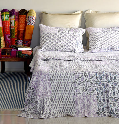 Indian Handmade Purple Hand Block Patchwork Reversible Kantha Quilt - Adore India   