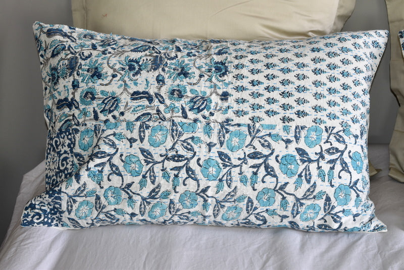 Blue Hand Block Printed Patchwork Cushion Cover - Adore India   