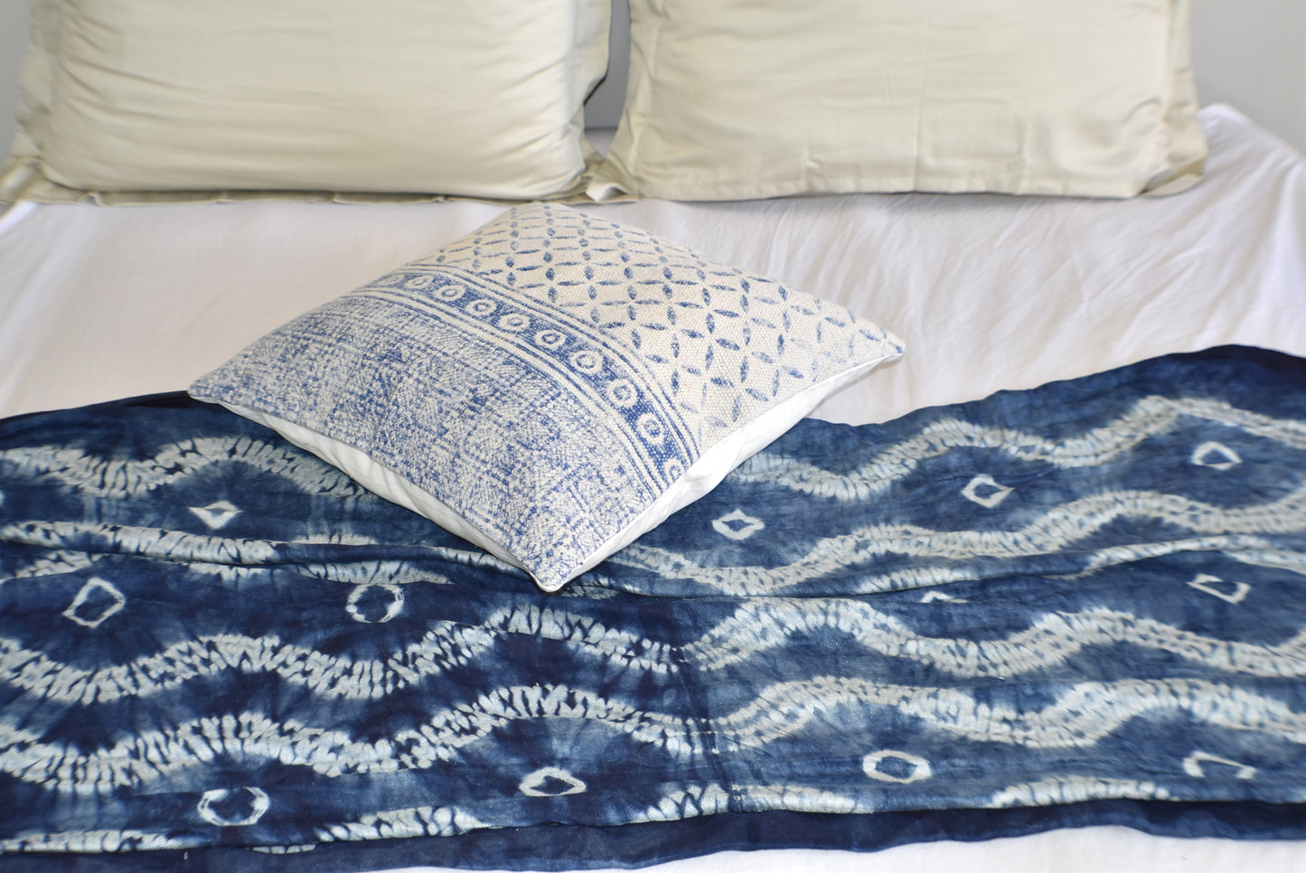 Indigo Geometry Block Print Cotton Dari Cushion Cover 45cm - Adore India   