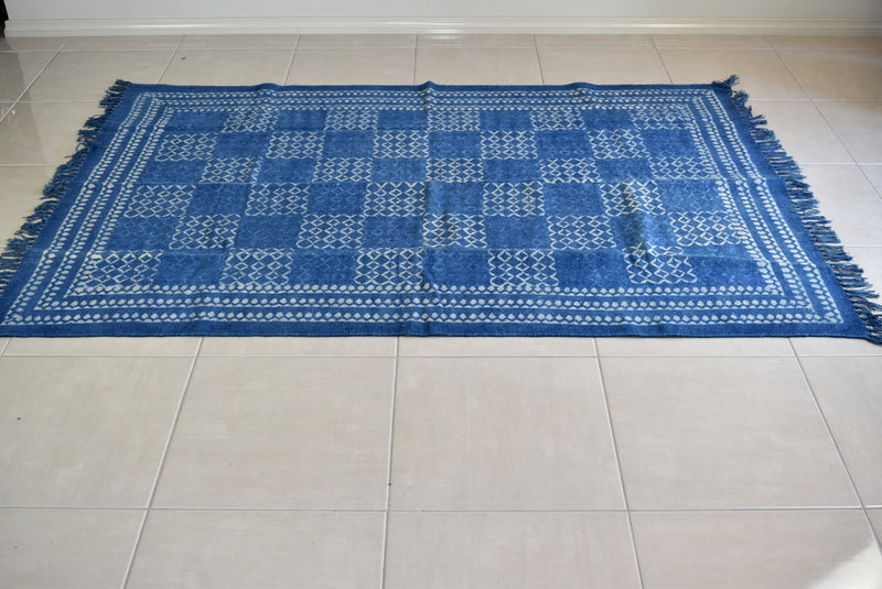 Handmade Geometrical Block Print Net Indigo Cotton Dhurrie Carpet - Adore India   