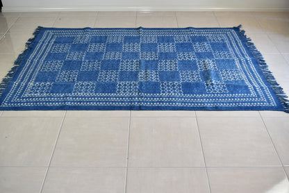 Handmade Geometrical Block Print Net Indigo Cotton Dhurrie Carpet - Adore India   