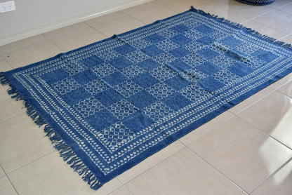 Handmade Geometrical Block Print Net Indigo Cotton Dhurrie Carpet - Adore India   