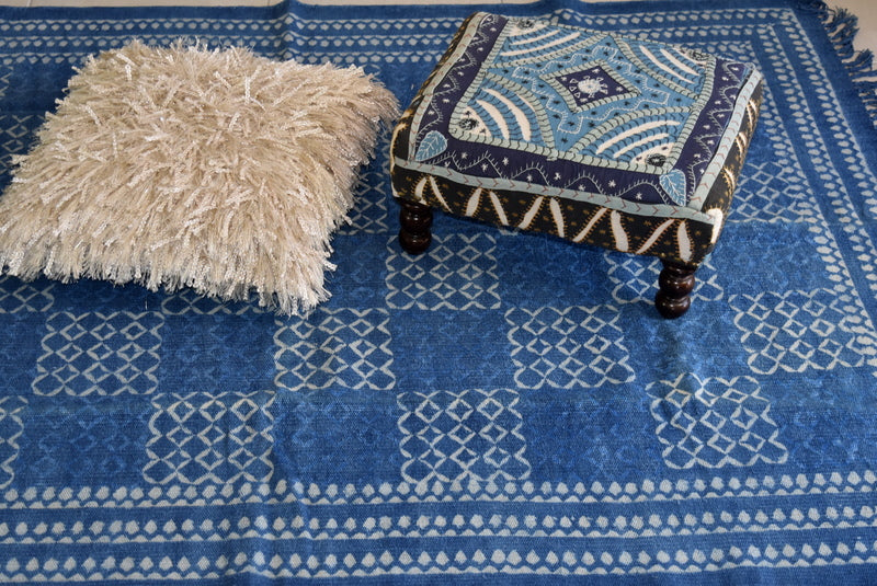 Handmade Geometrical Block Print Net Indigo Cotton Dhurrie Carpet - Adore India   