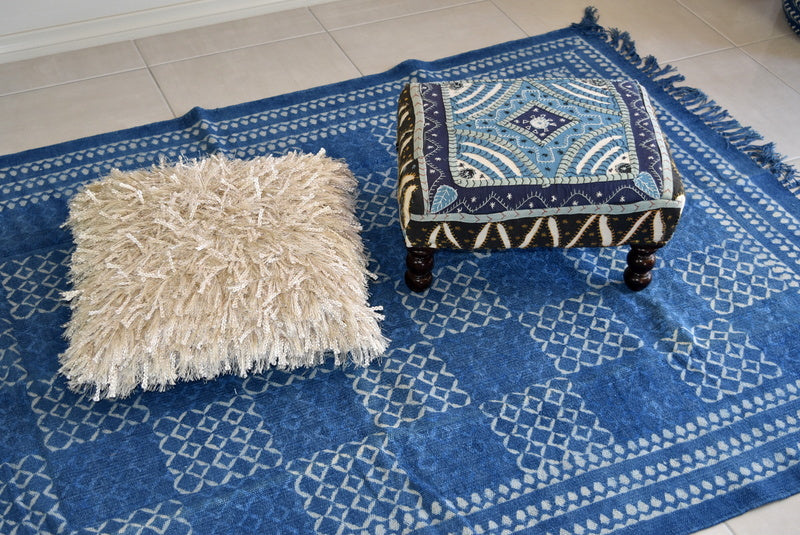 Handmade Geometrical Block Print Net Indigo Cotton Dhurrie Carpet - Adore India   