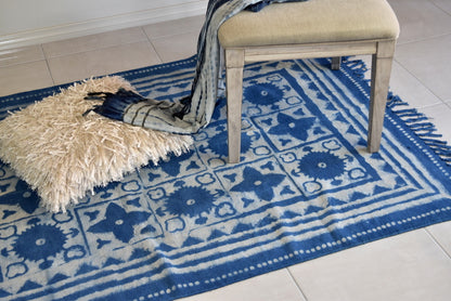 Handmade Geometrical Block Star Print Indigo Cotton Dhurrie Carpet - Adore India   