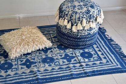 Handmade Geometrical Block Star Print Indigo Cotton Dhurrie Carpet - Adore India   
