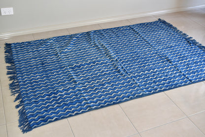 Handmade Geometrical Block Zigzag Print Indigo Cotton Dhurrie Carpet - Adore India   