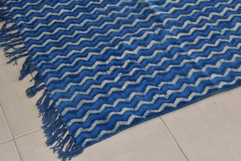 Handmade Geometrical Block Zigzag Print Indigo Cotton Dhurrie Carpet - Adore India   